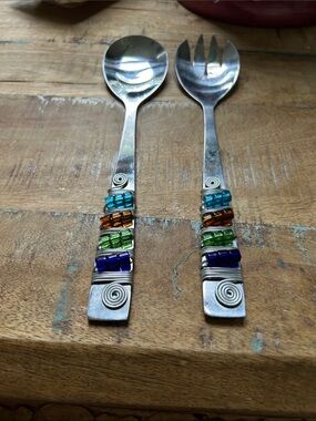 Decorative Beaded Stainless Steel Salad Serving Set - Multicolor